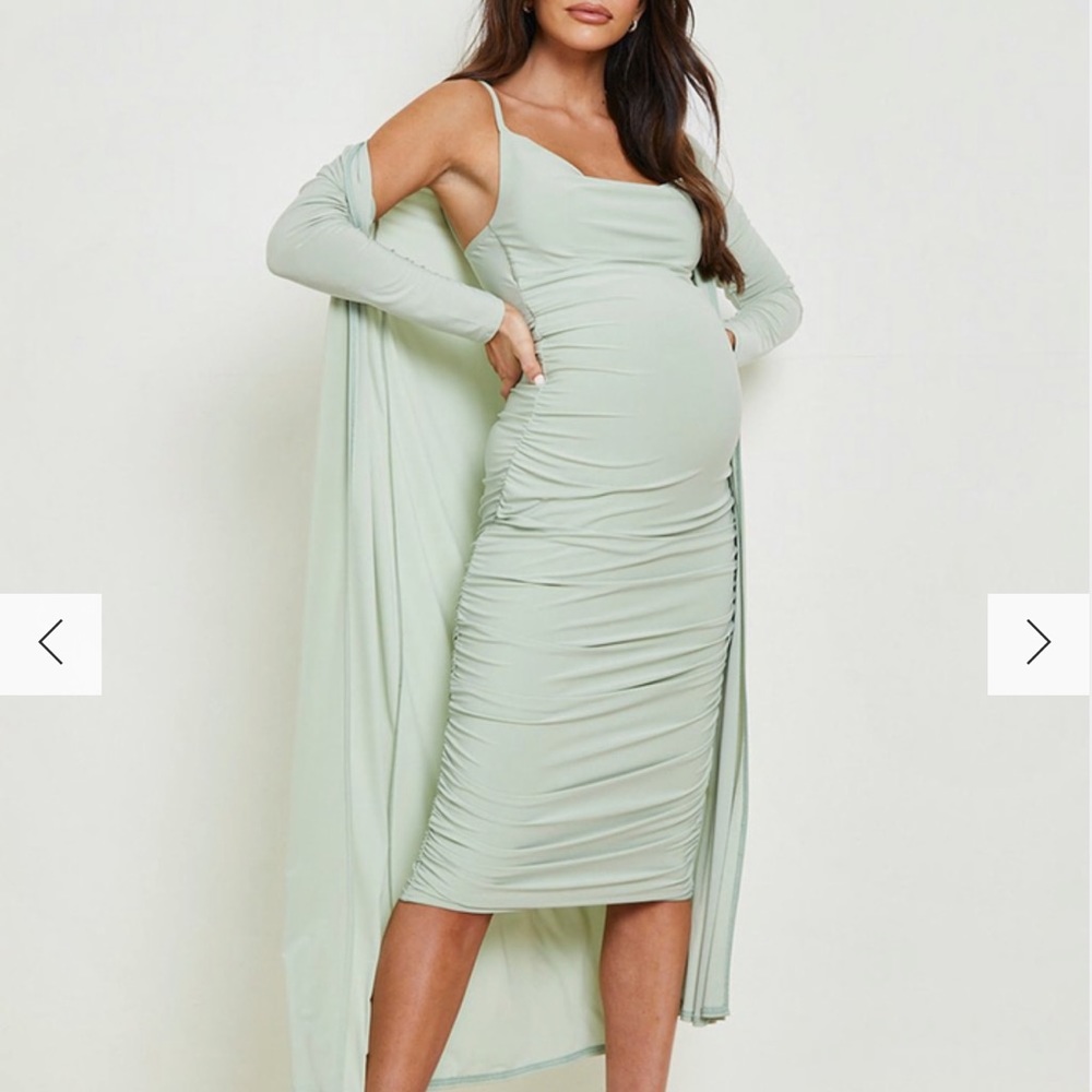 Sage green maternity dress and duster